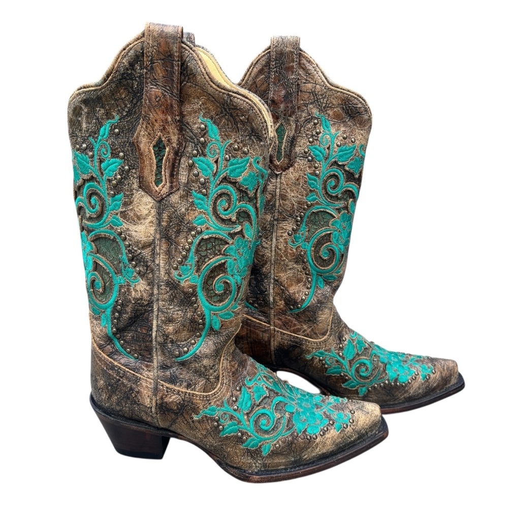 CORRAL Boots Dark Antique Saddle Floral Turquoise Inlay & Studs 6.5